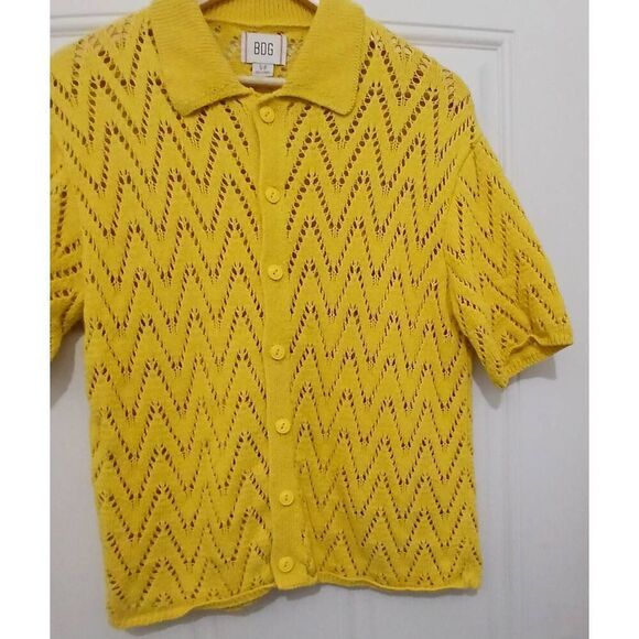 Bdg womens small yellow open knit top eyelet blouse button front - Picture 2 of 5